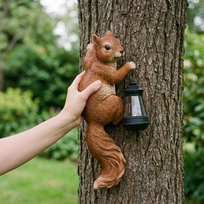 Squirrel light shown in scale on a tree