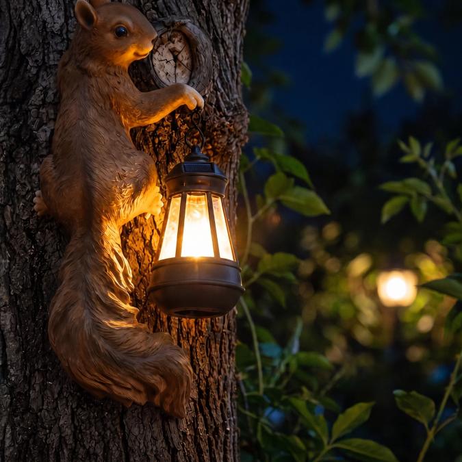 The squirrel's solar lantern glowing warm at night