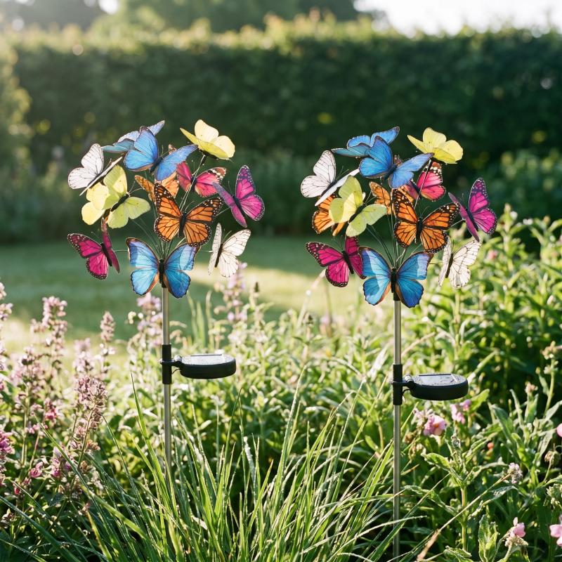 Butterfly stake with a dozen printed butterflies in daylight