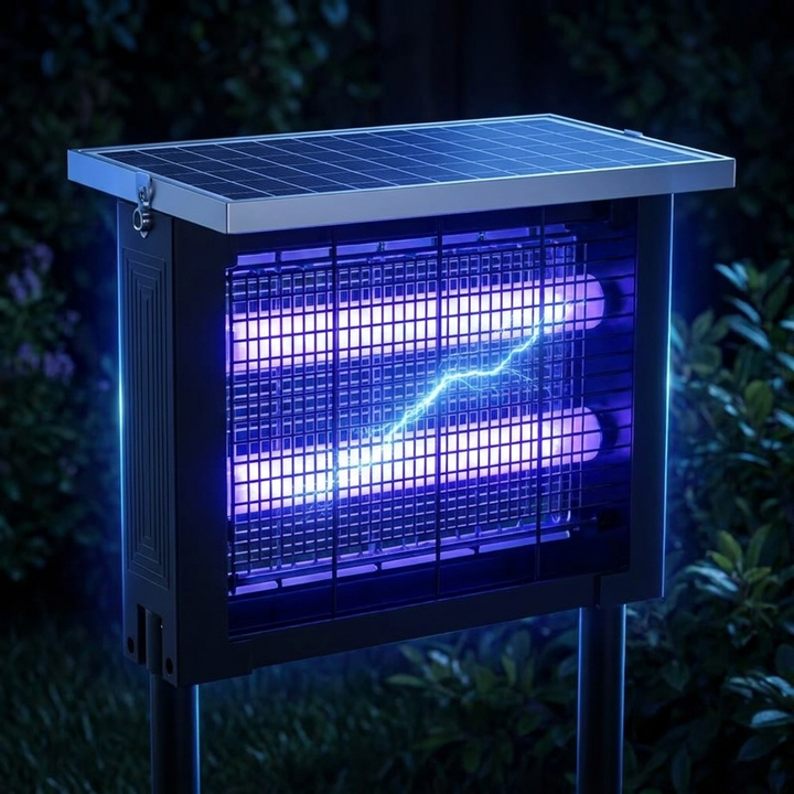 Close-up of the glowing 4500V UV grid zapping a bug