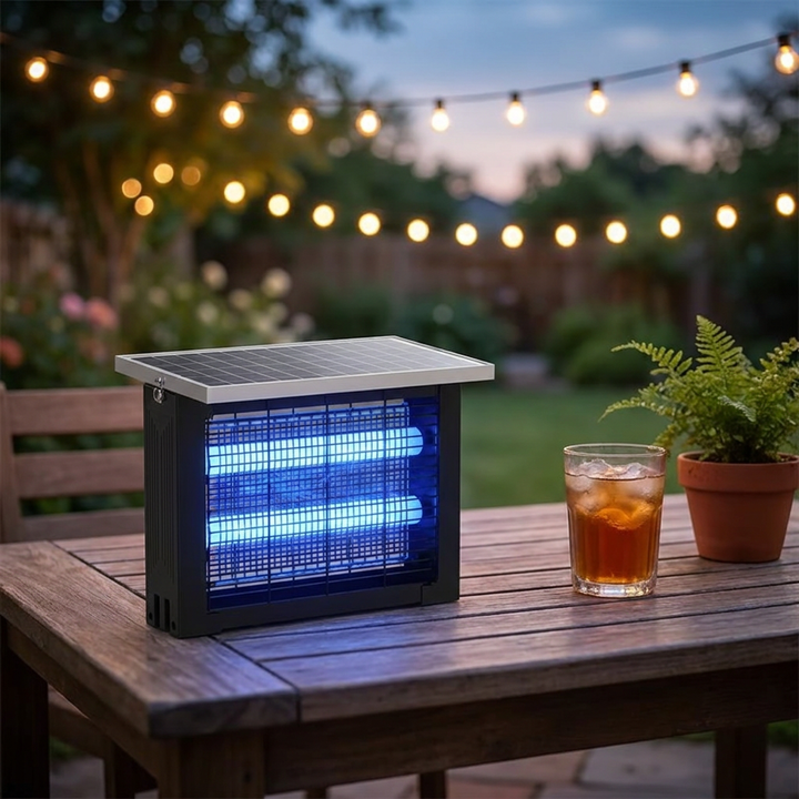 Solar bug zapper on a patio table at dusk