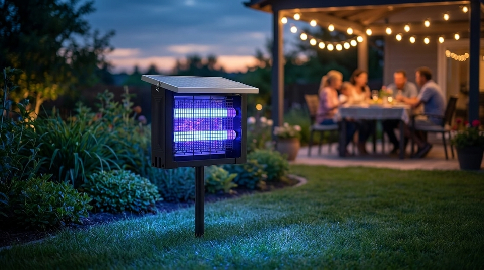 Solar bug zapper charging in the sun in a backyard garden