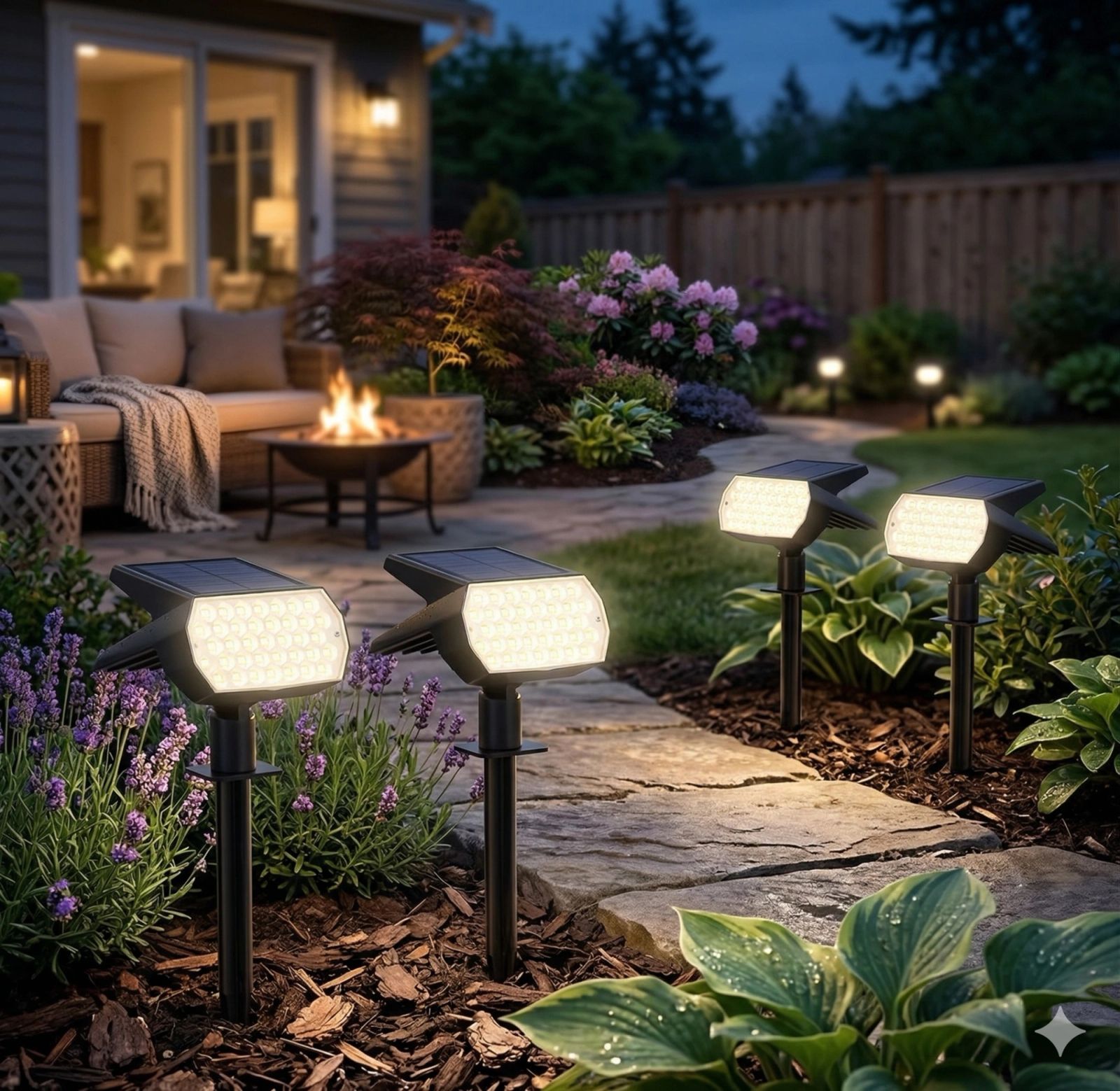Solar Spot Lights illuminating a garden