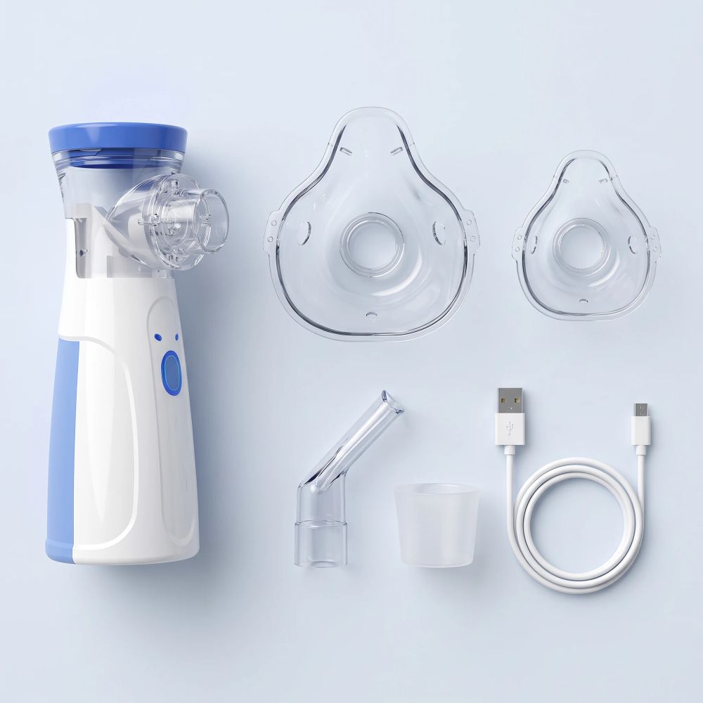Flat lay of the kit: nebulizer, two masks, mouthpiece, cup and USB cable