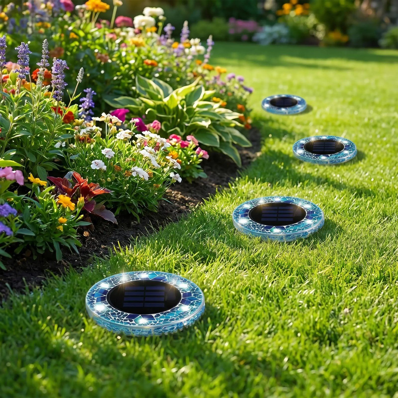 Mosaic solar disk lights edging a colorful flower bed