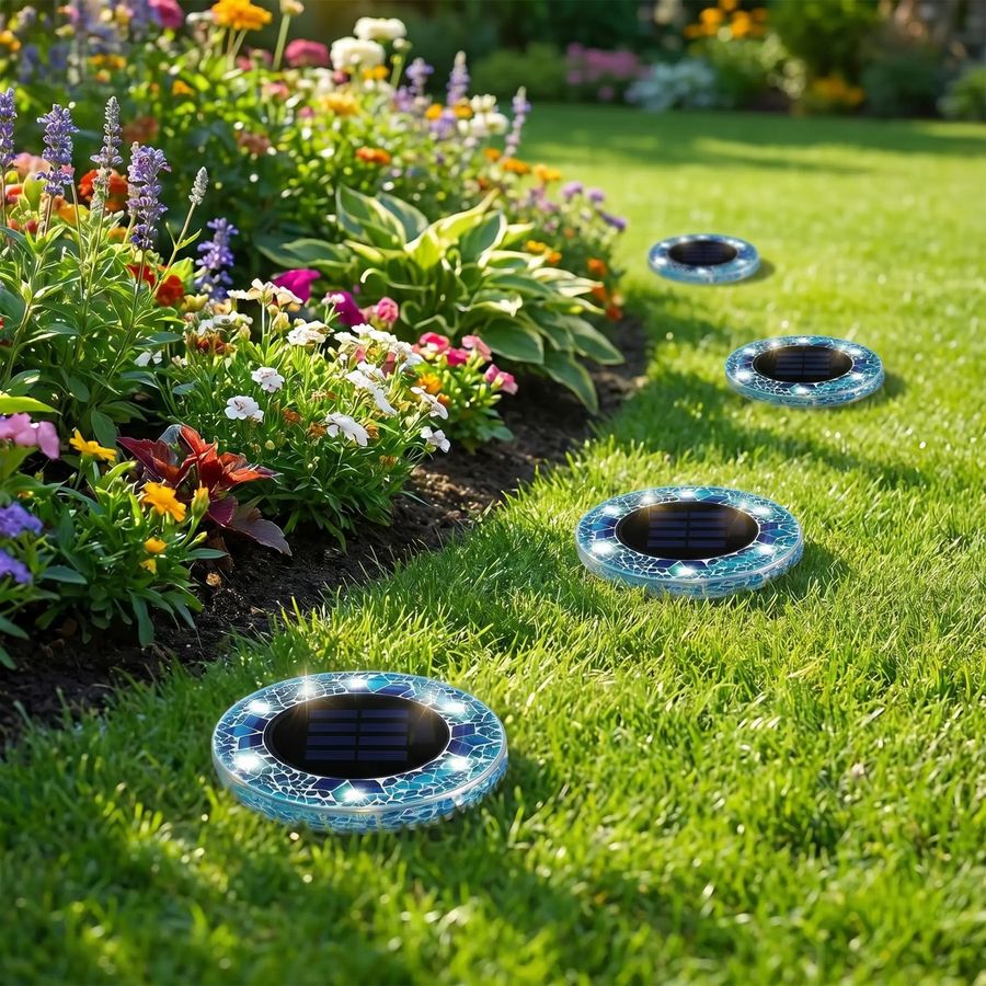 Mosaic solar disk lights edging a colorful flower bed