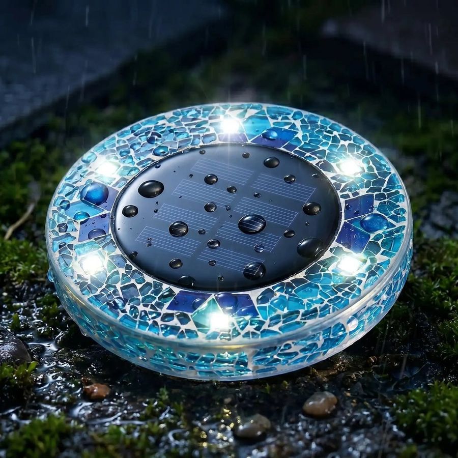 Close-up of a blue mosaic solar disk light with lit LEDs and water droplets