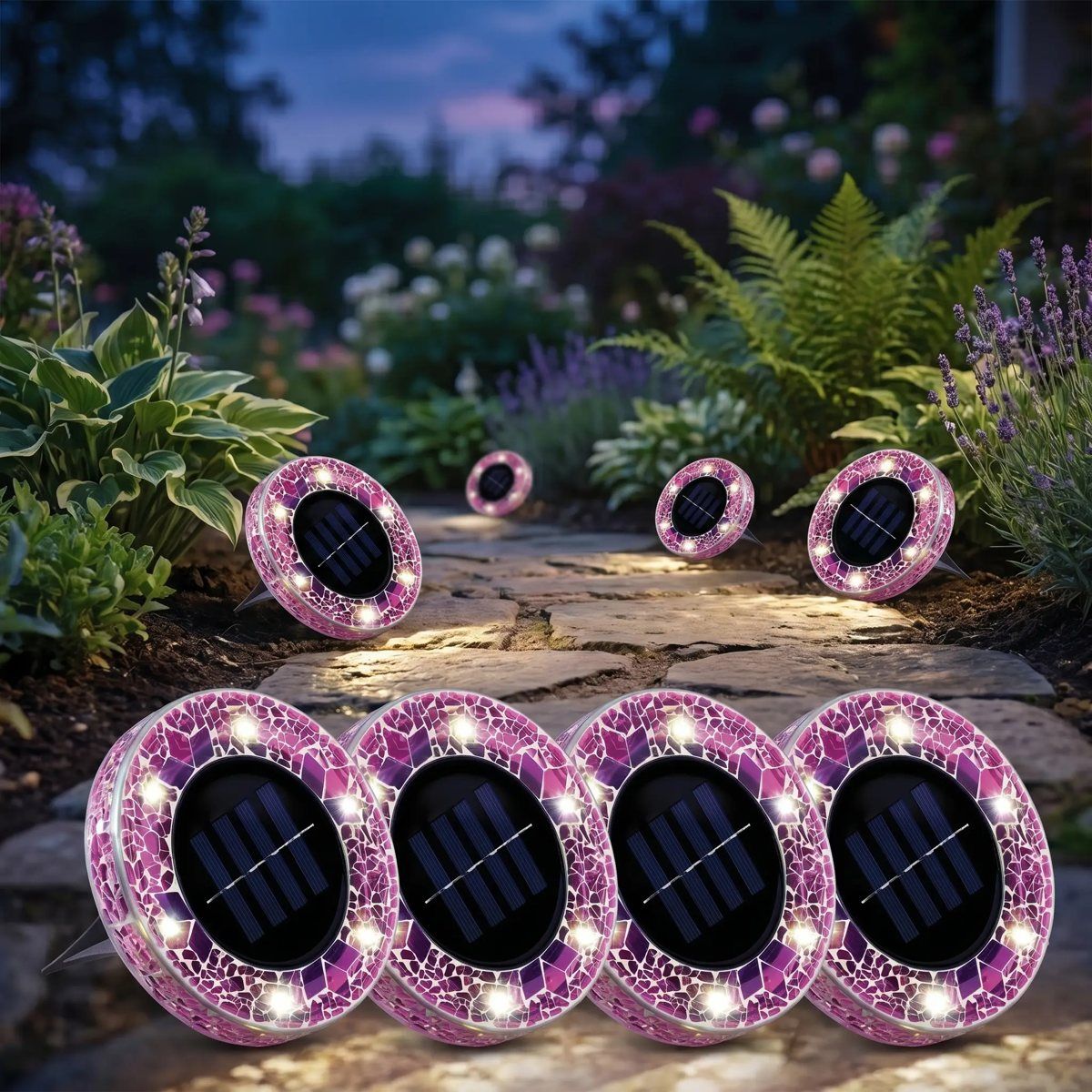 Pink circle mosaic solar disk lights glowing