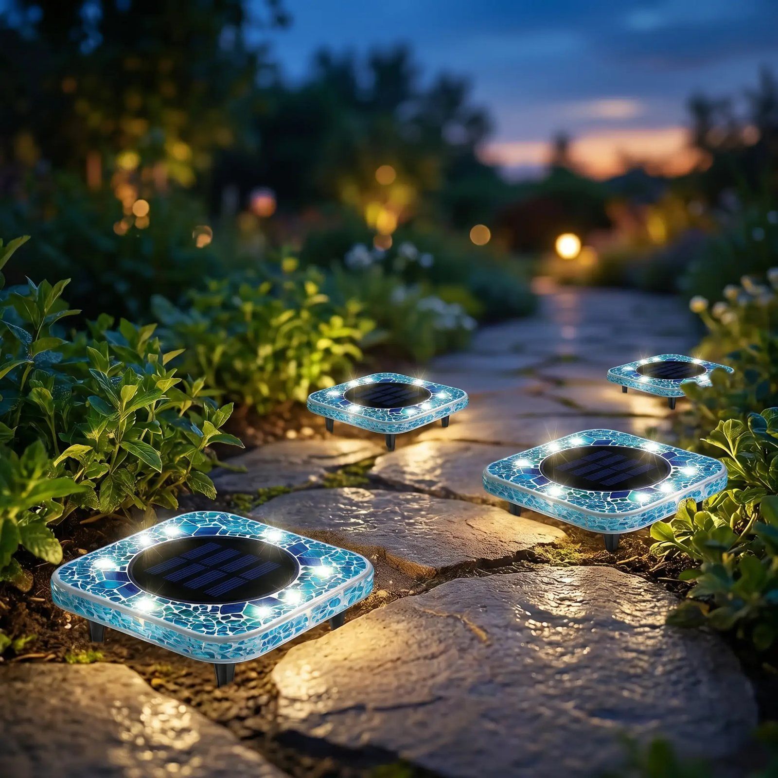Blue square mosaic solar disk light on stone pavers