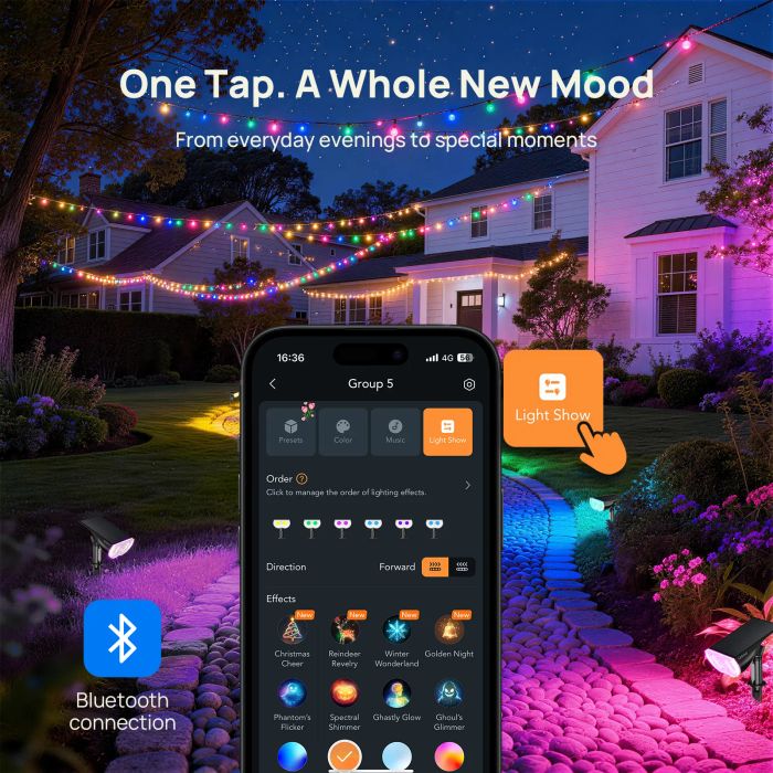Controlling the smart solar spotlights and light show from the AI-Dot phone app
