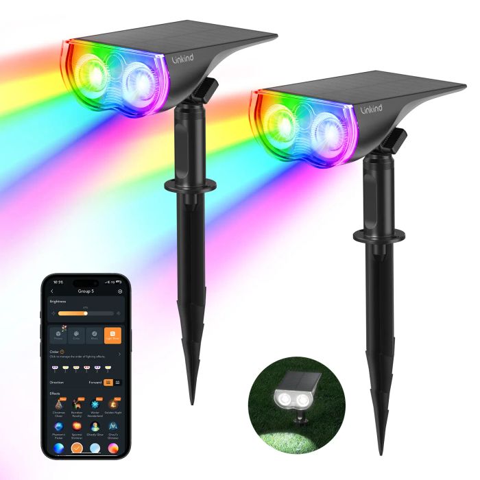 Solar-powered dual-lens spotlight on a ground stake, weatherproof for outdoor use