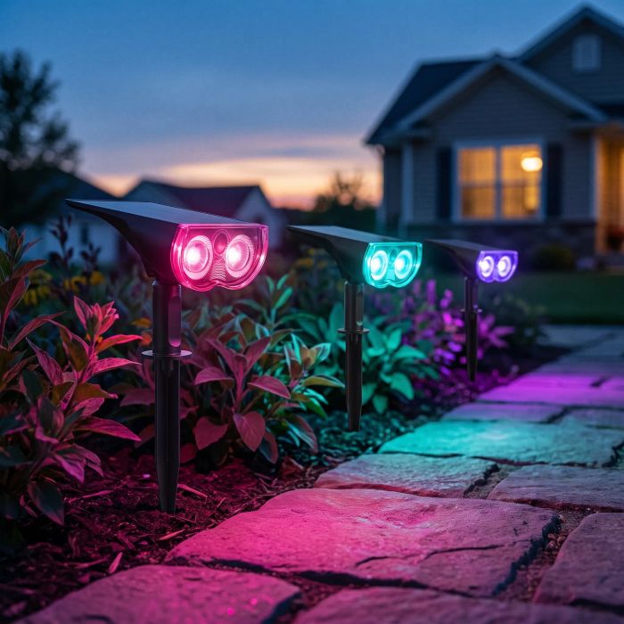 Fence and yard washed in vivid RGB color by smart solar spotlights