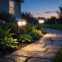 Two smart solar spotlights lighting a garden path in warm white at dusk