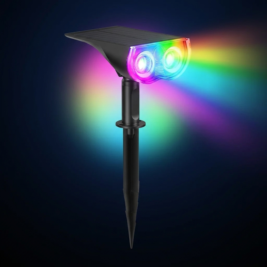 Matte-black dual-lens smart solar spotlight glowing vivid RGB rainbow colors