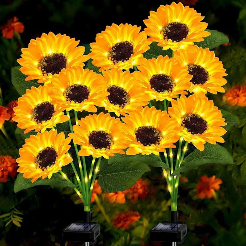 Vibrant sunflower solar lights glowing in a garden at dusk