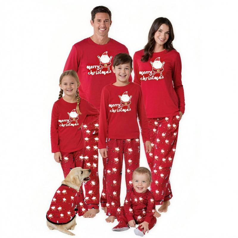 Family in matching red Santa Christmas pajamas