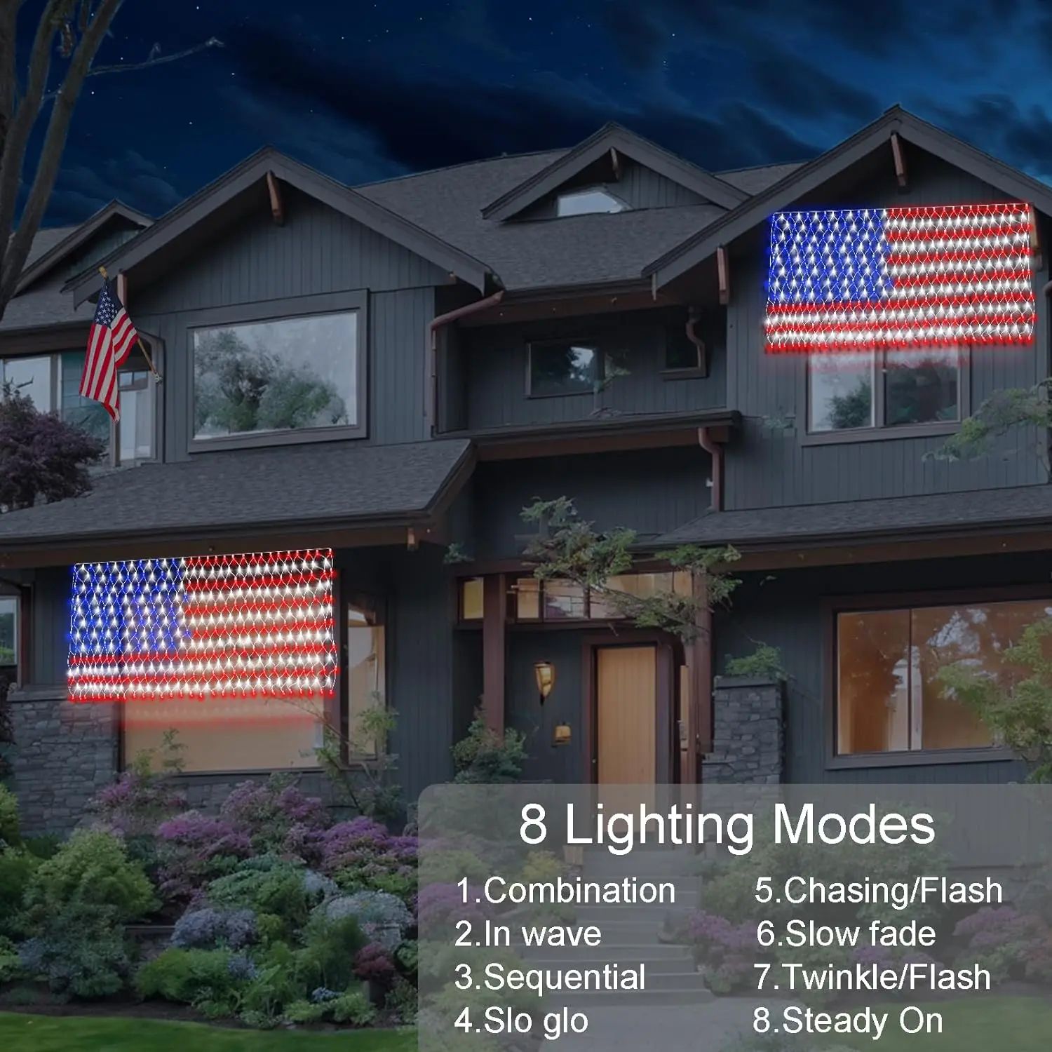 Flag net lights glowing on a home at night