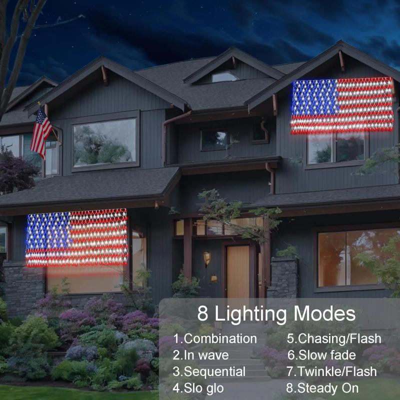 Flag net lights glowing on a home at night