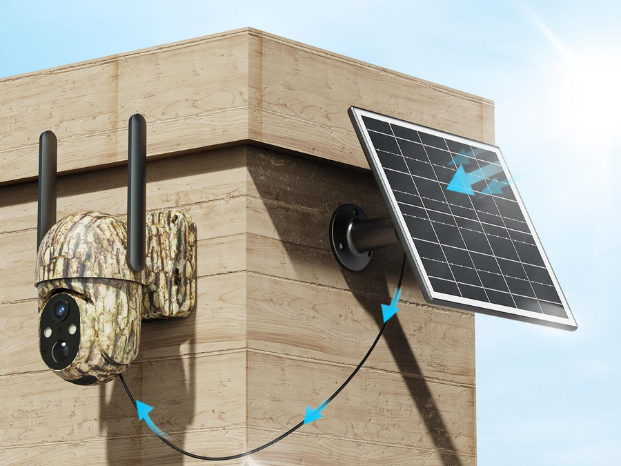 Camera and 6W solar panel mounted on a building corner