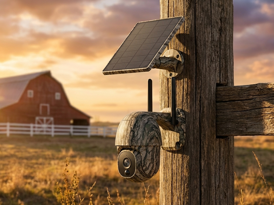 Solar Watch Cam on a fence post at a rural farm