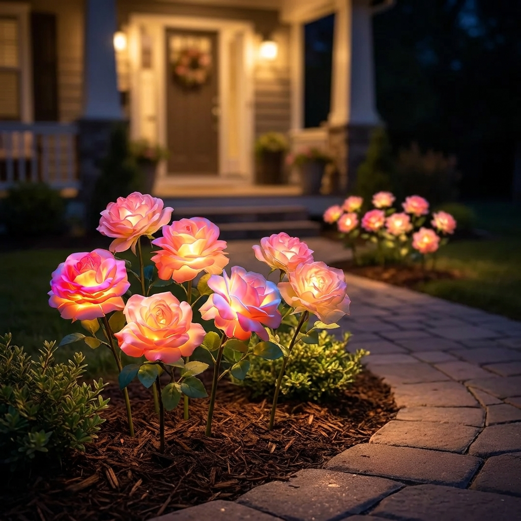 Rose lights lining a front walkway at night