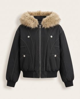 Front view of the black bomber jacket, zipped, with its tan faux fur hood trim