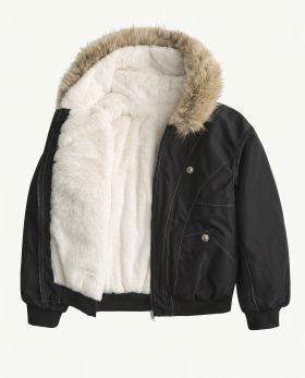 The black bomber jacket held open to show the thick ivory faux shearling lining