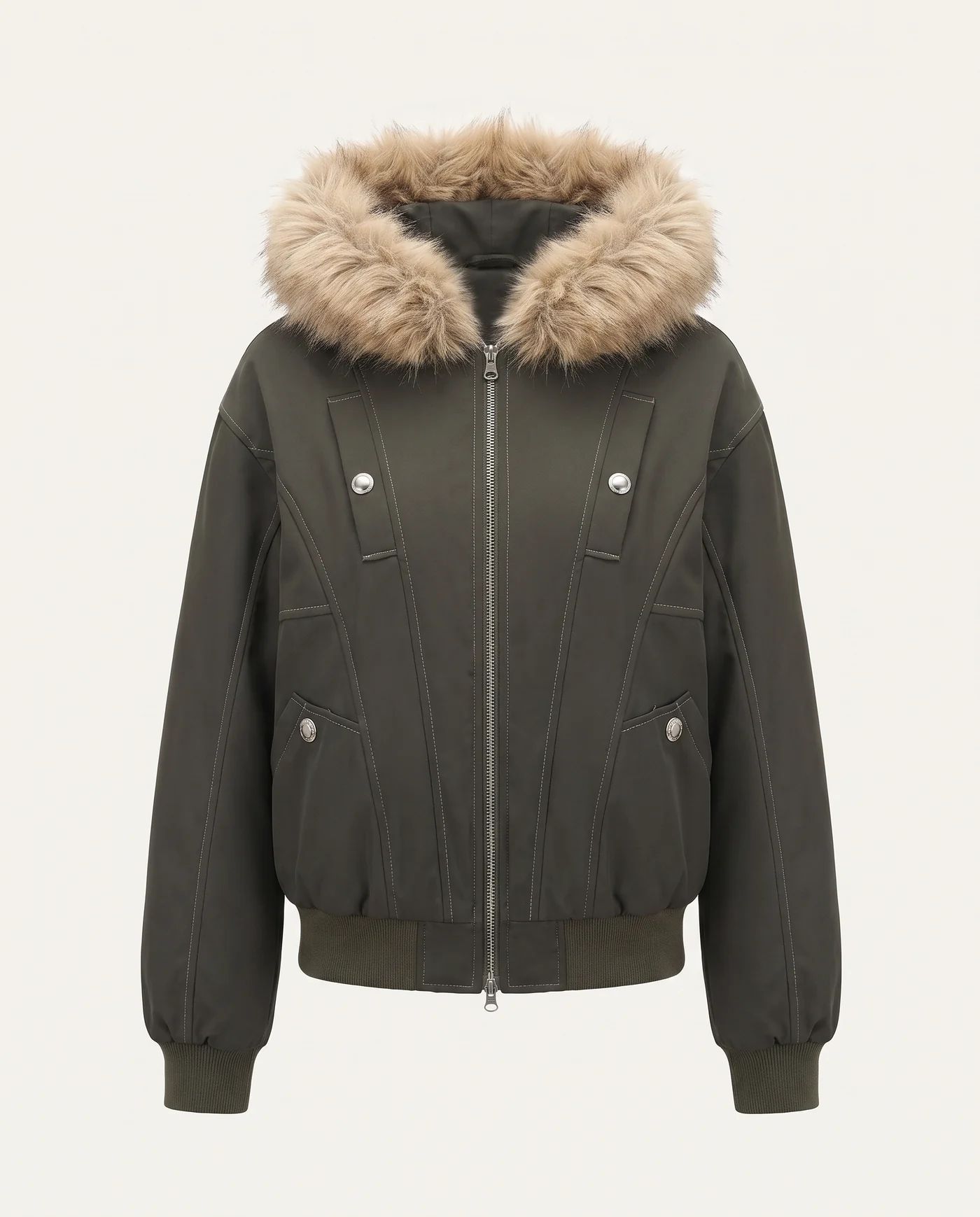 Front view of the army green bomber jacket