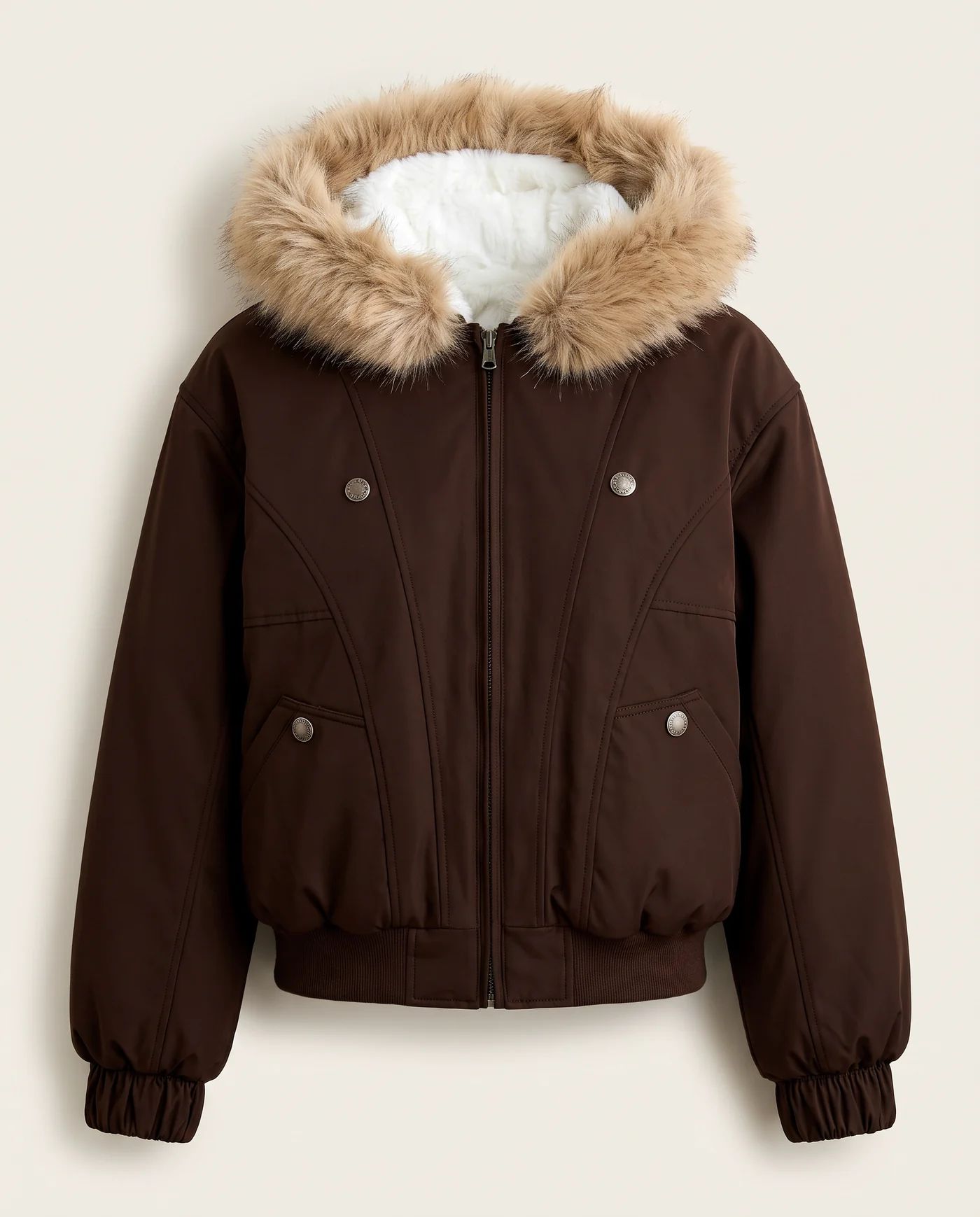 Front view of the mocha brown bomber jacket, zipped, with its tan faux fur hood trim