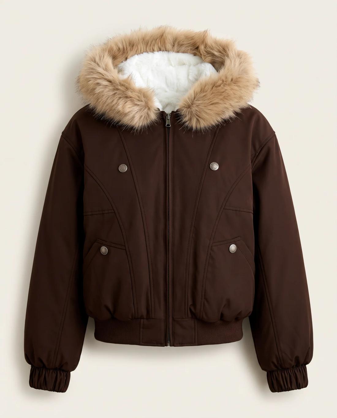 Front view of the mocha brown bomber jacket, zipped, with its tan faux fur hood trim
