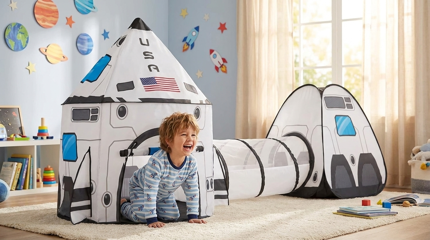Child playing in the rocket tent