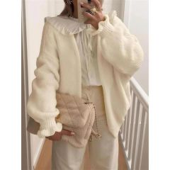 Lantern sleeve cardigan, coffee brown, worn open