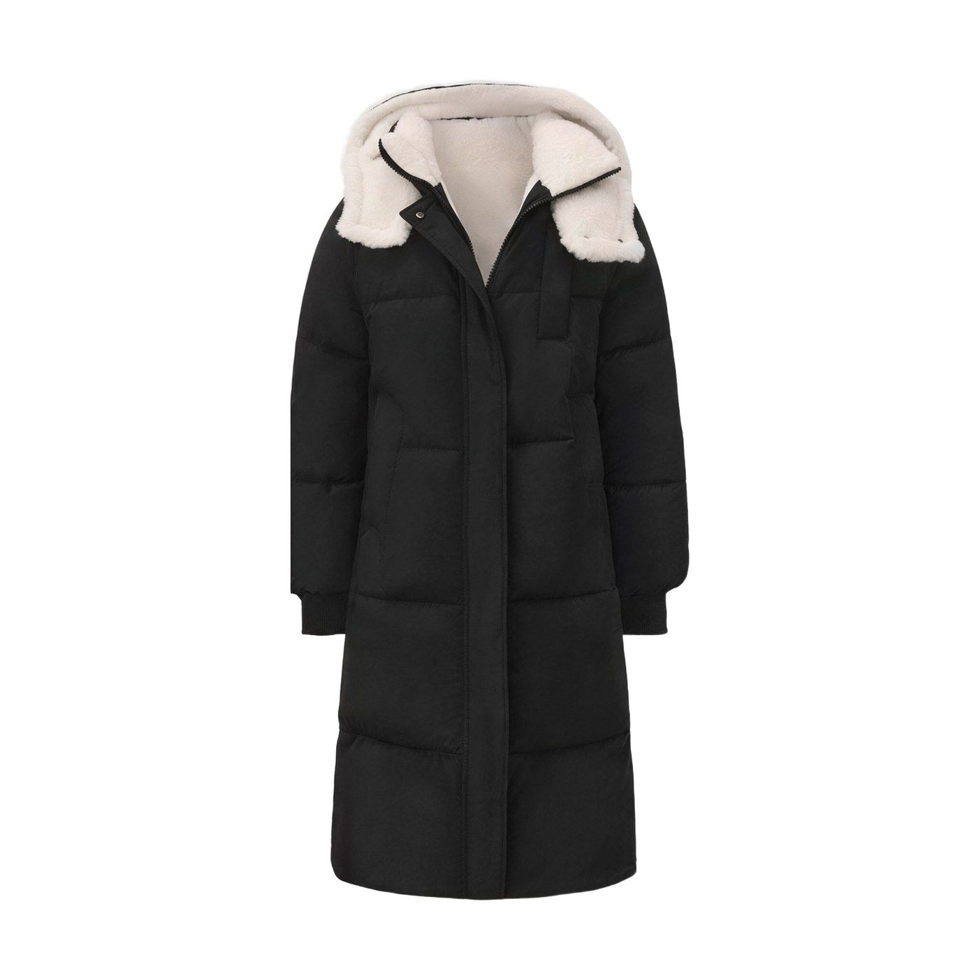 The faux fur lined version in black, showing the sherpa-lined hood
