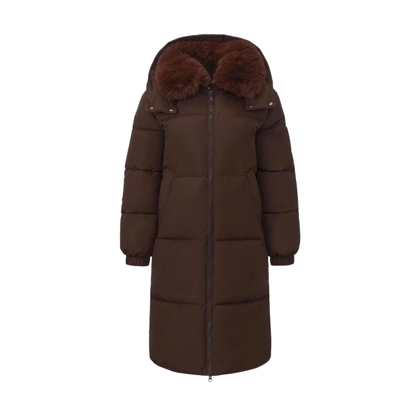 The faux fur collar version in mocha brown, hood up