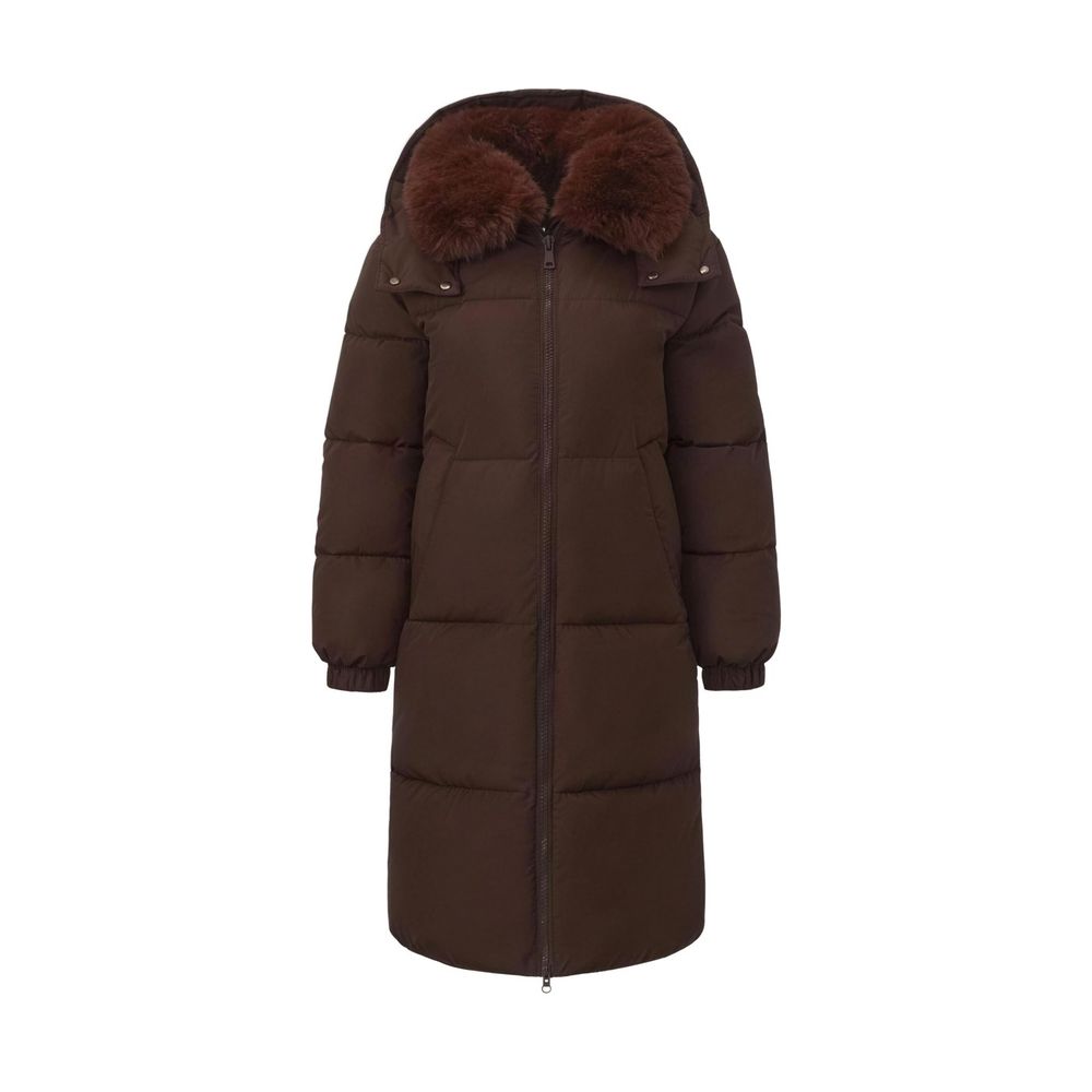 The faux fur collar version in mocha brown, hood up