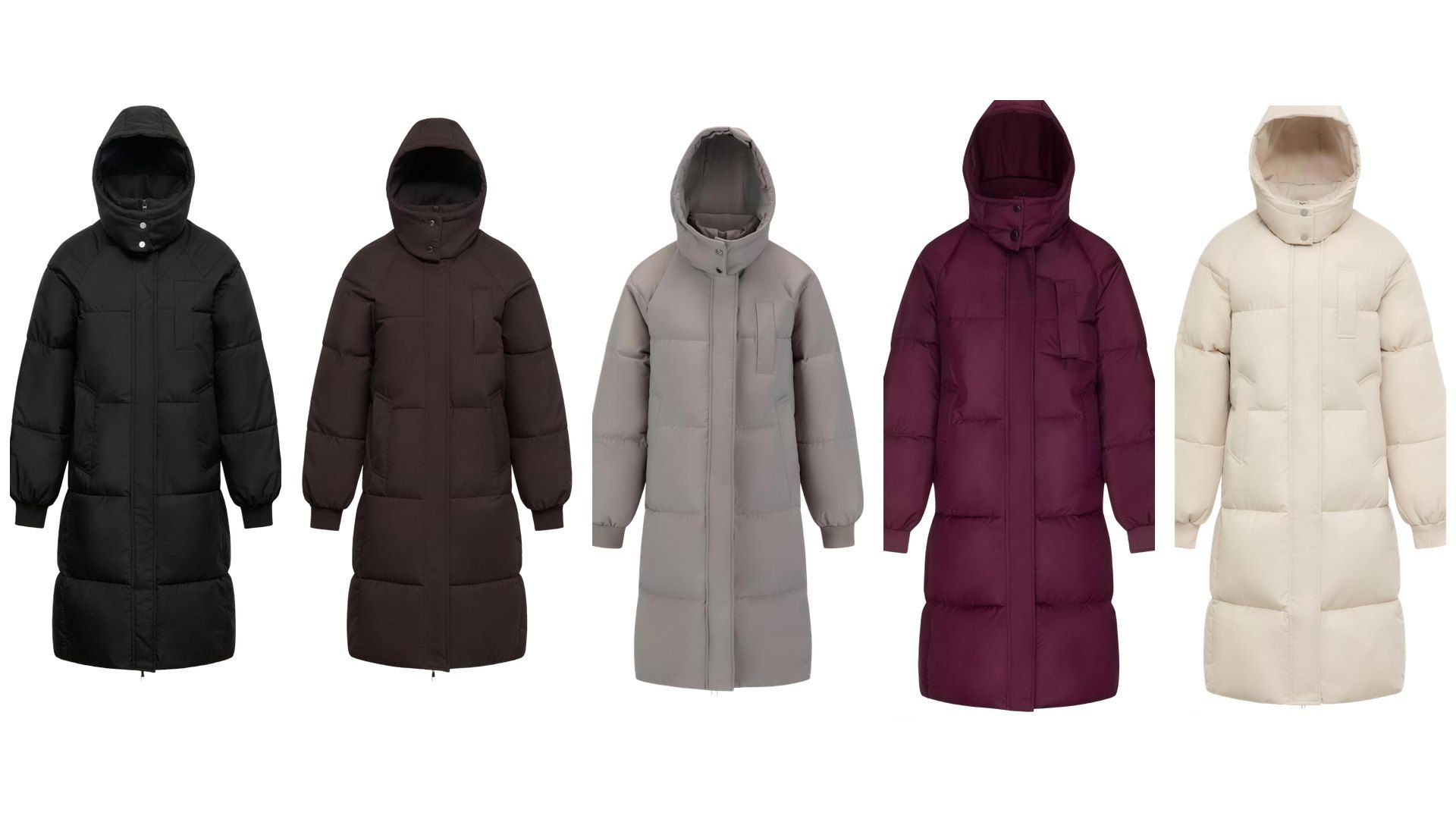 The long puffer coat shown in black, mocha brown, dark taupe, burgundy and cream