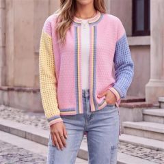 Patchwork sleeve cardigan, bonbon, worn open over a white tee