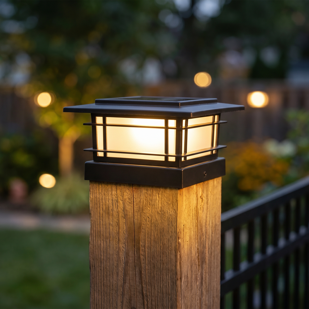 Solar post cap light glowing on a fence post at dusk