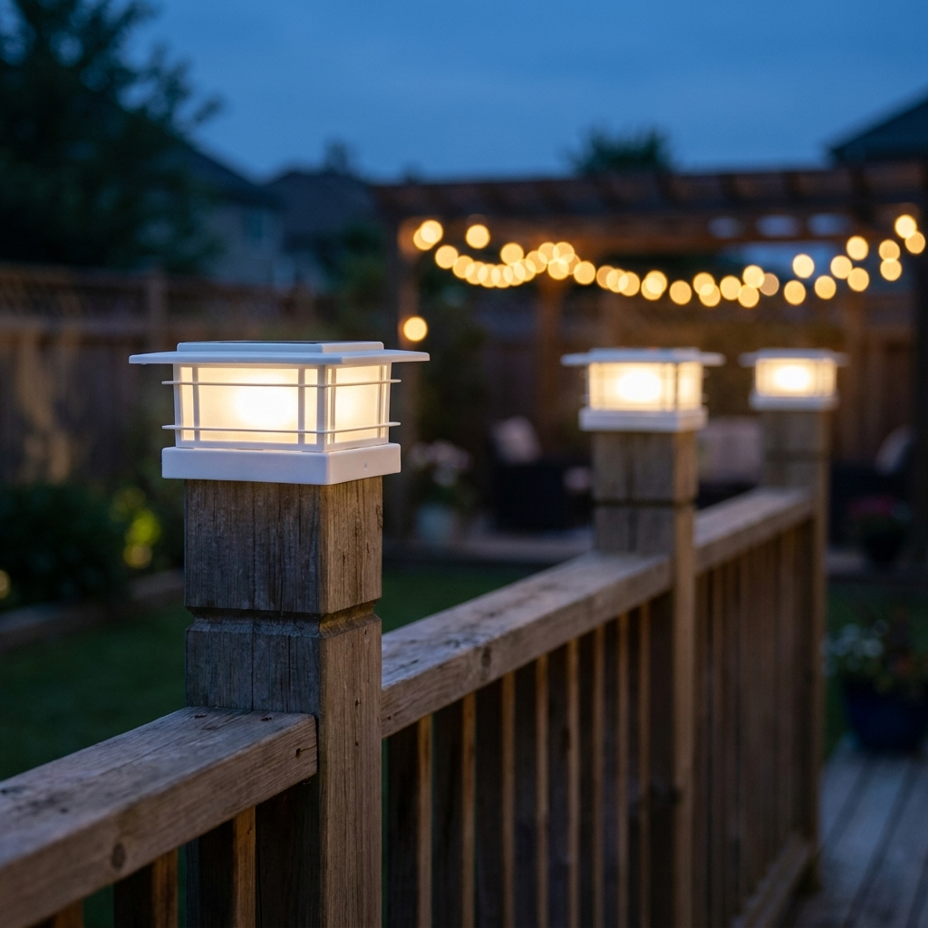 White post cap light glowing at dusk