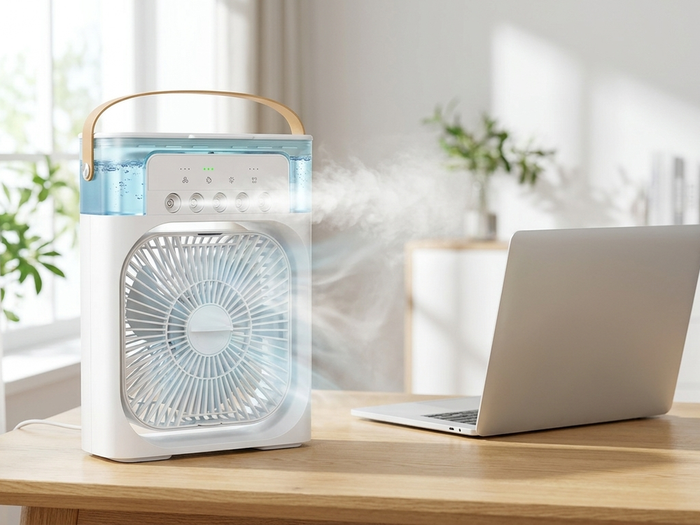 Cooler on a desk beside a laptop cooling a workspace
