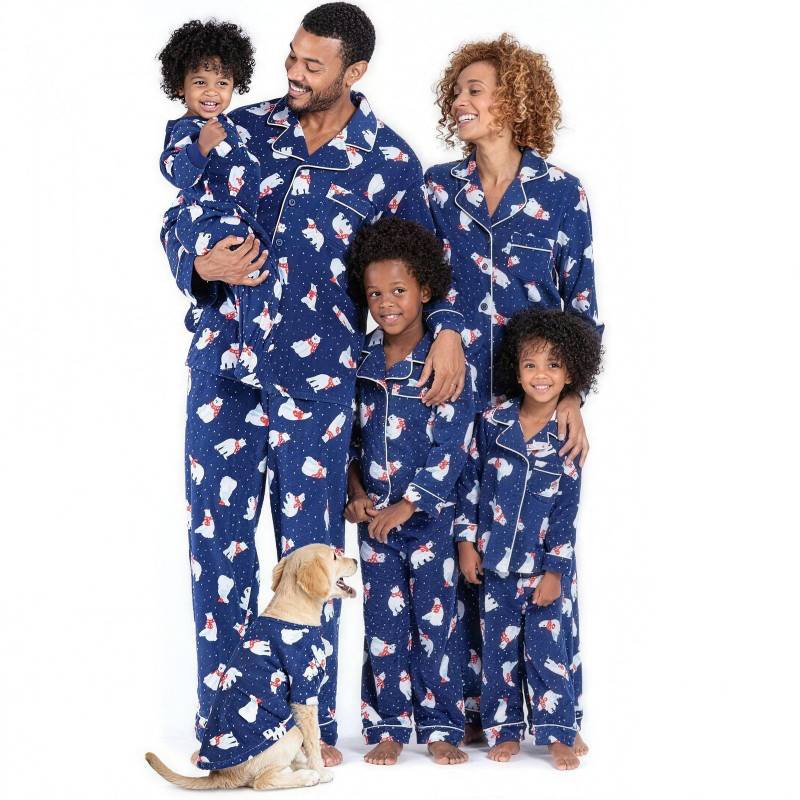 Family in matching navy polar bear button-front pajamas
