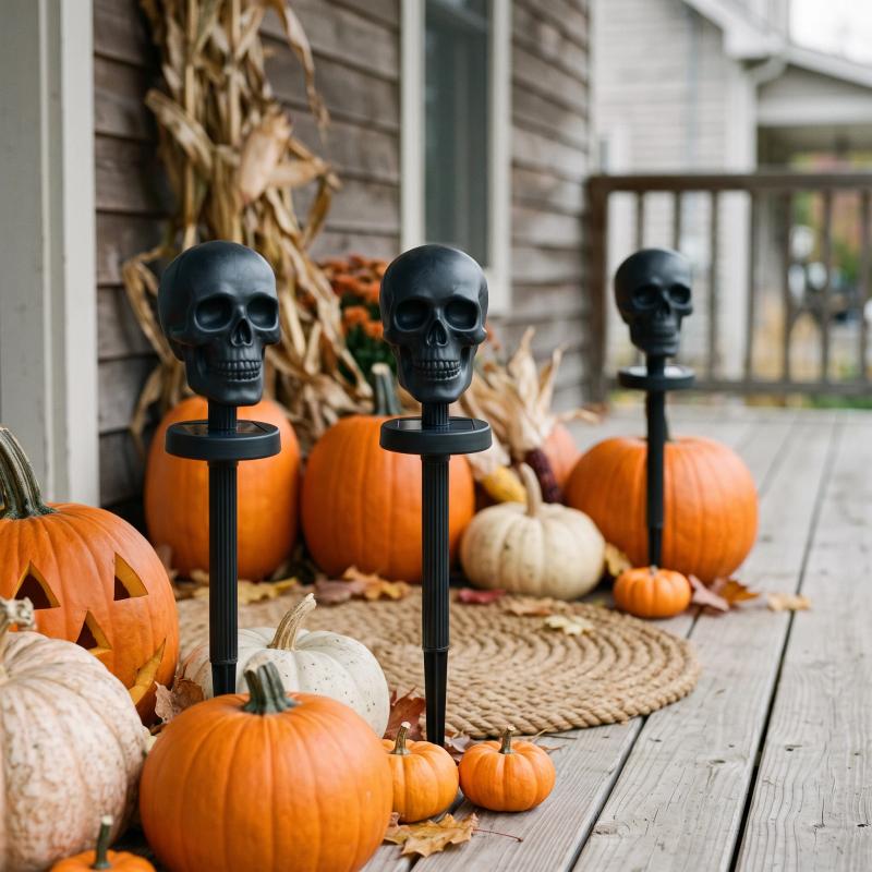 Matte black skull torches flanking a porch in daylight