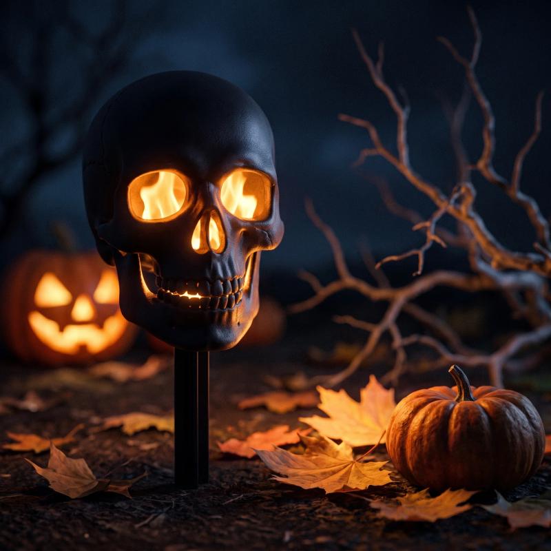 Skull torch flickering like fire after dark