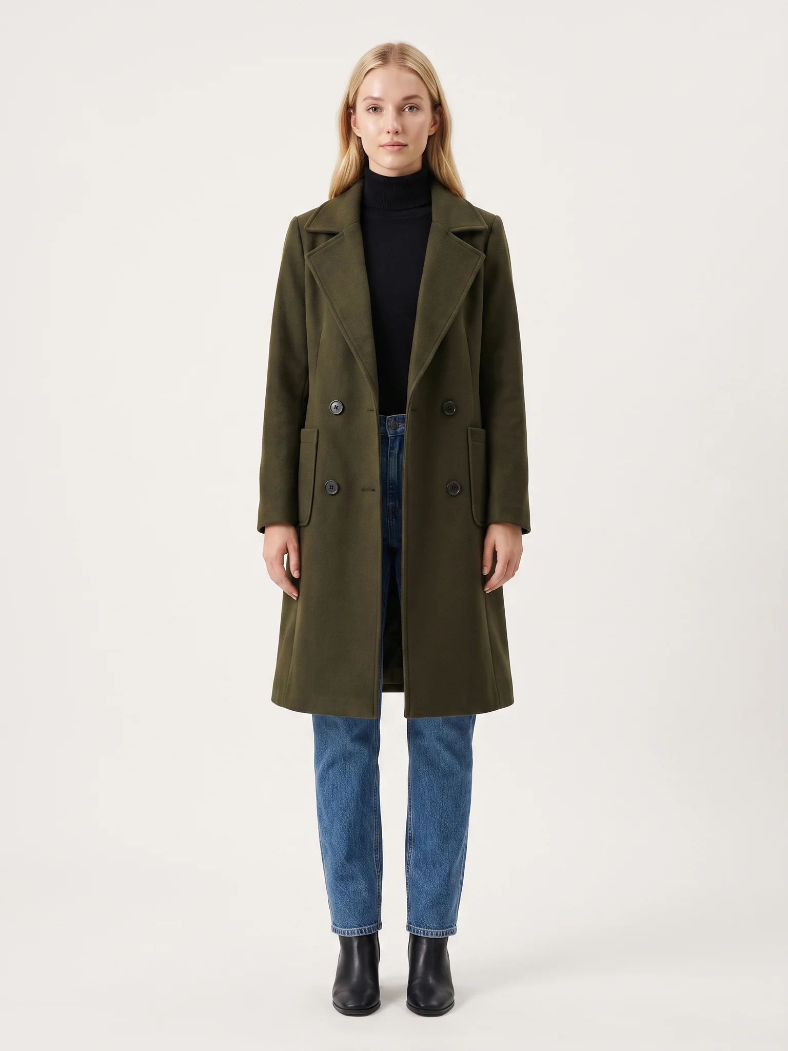 The Army Green wool-blend coat worn open on a model, photographed from the front in a studio
