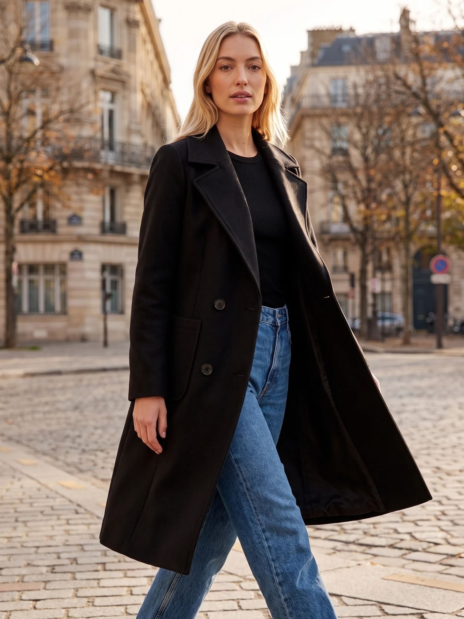A woman wearing the Black wool-blend coat walking a city street on a cold autumn afternoon
