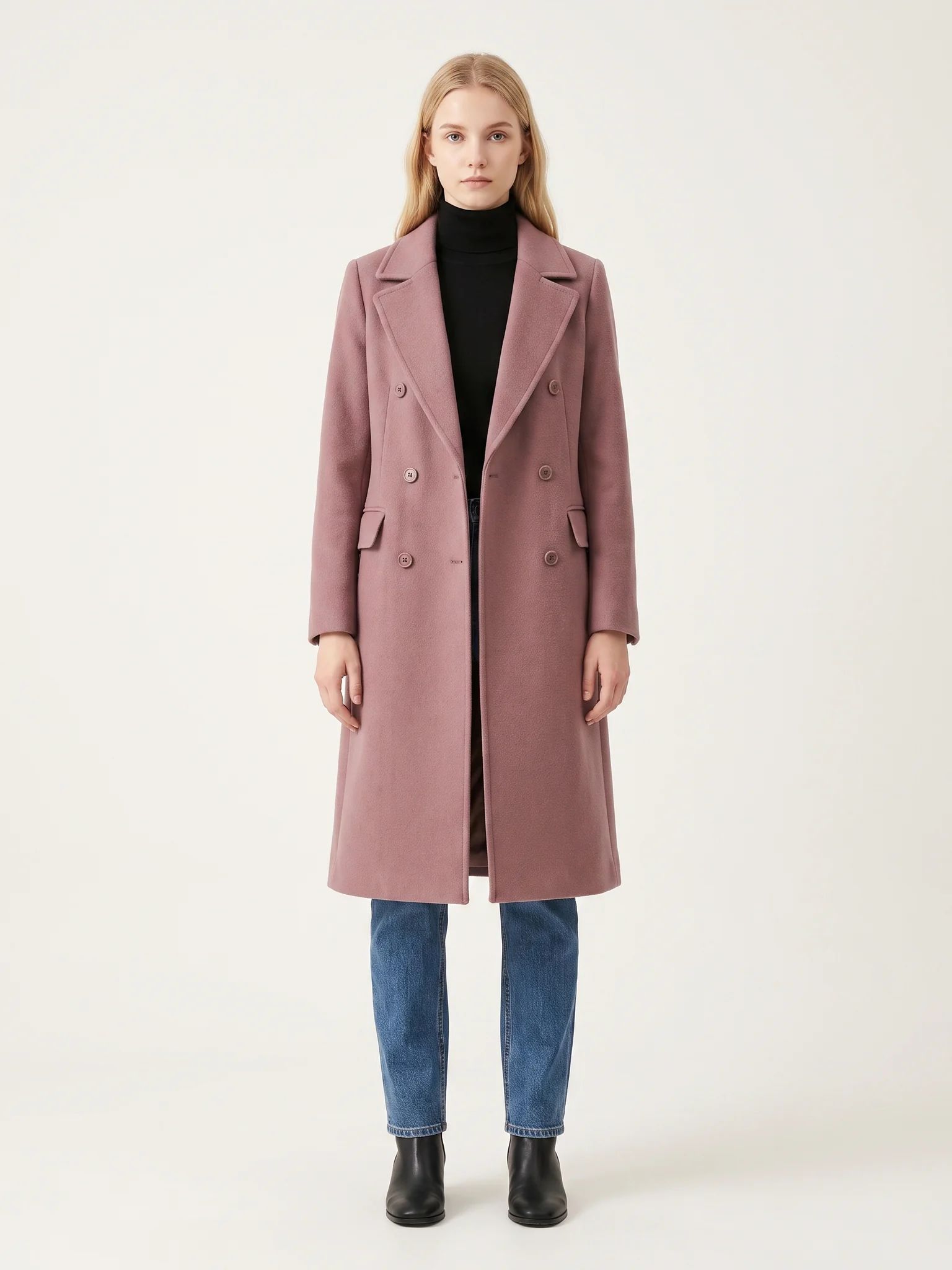 The Rosewood wool-blend coat worn open on a model, photographed from the front in a studio