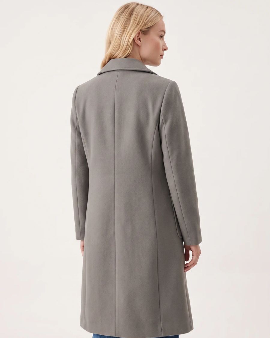 The back of the Grey wool-blend coat on a model, showing the shoulder line and the below-the-knee hem