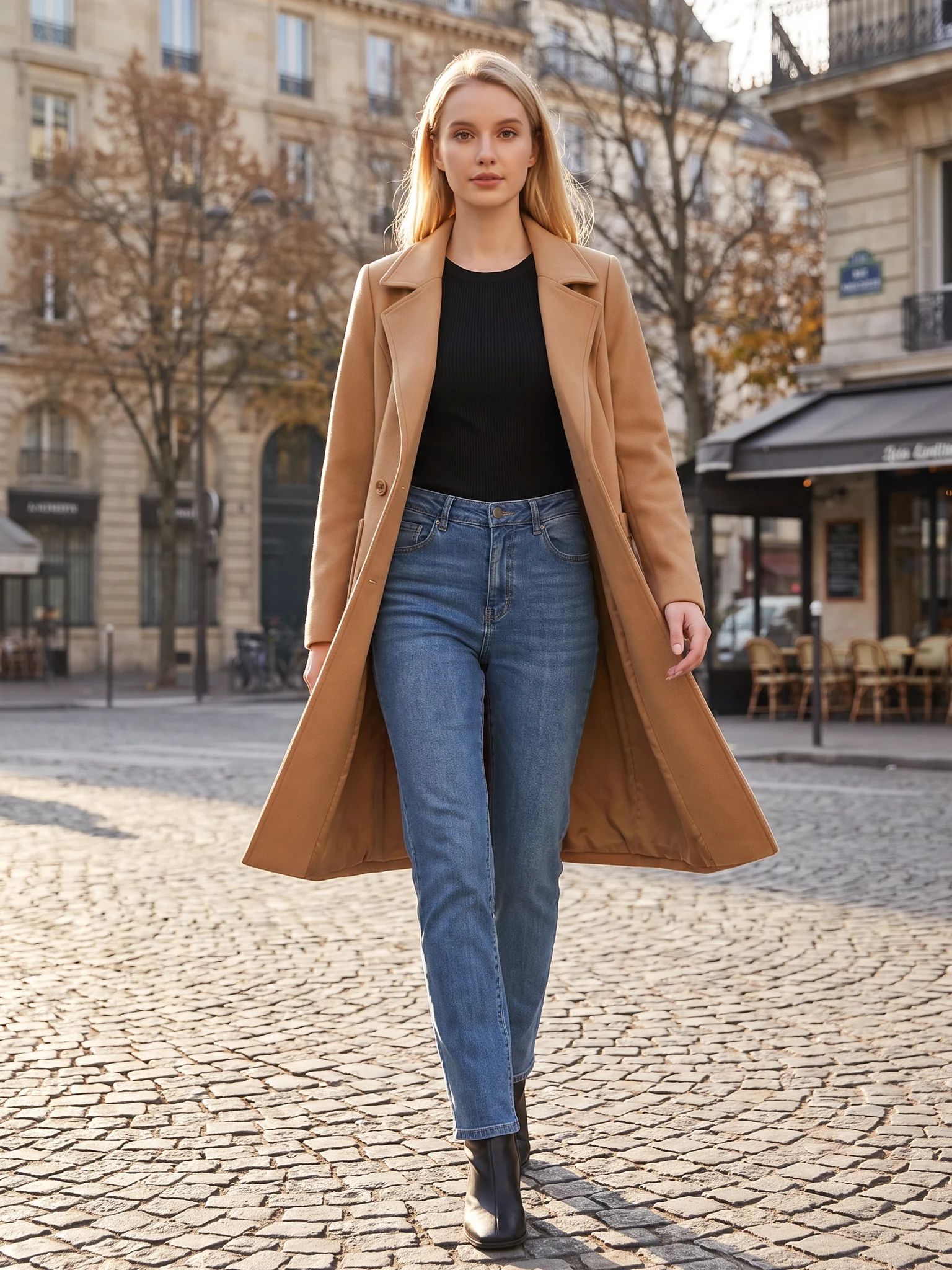 A woman wearing the Camel wool-blend coat walking a city street on a cold autumn afternoon
