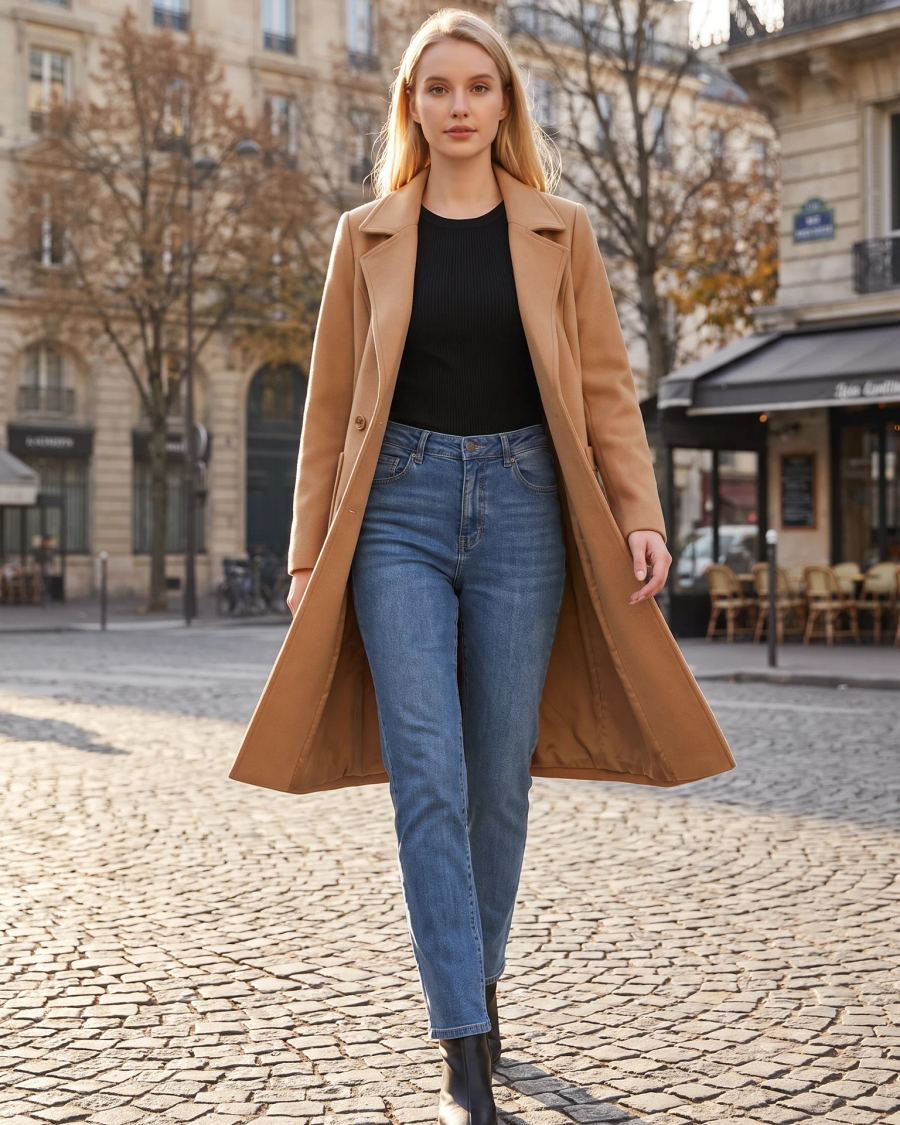 A woman wearing the Camel wool-blend coat walking a city street on a cold autumn afternoon