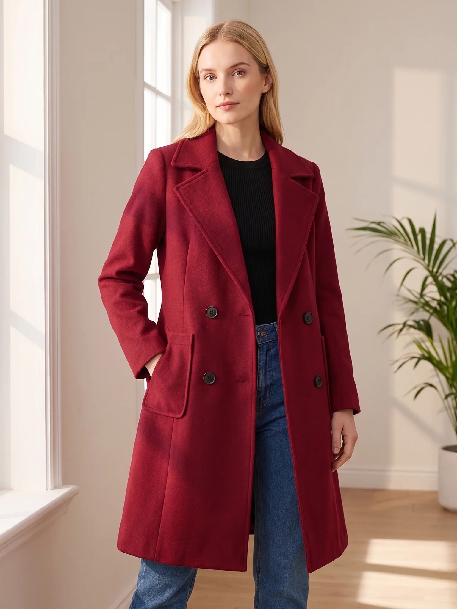 A woman in the Crimson wool-blend coat standing by a window in a bright apartment